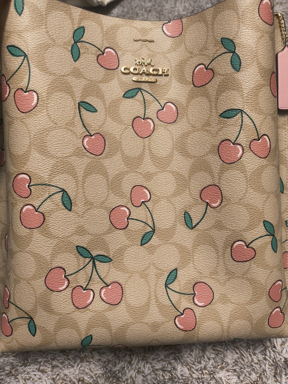 COACH Cherry Print Mollie Bucket Bag in Beige and Pink
